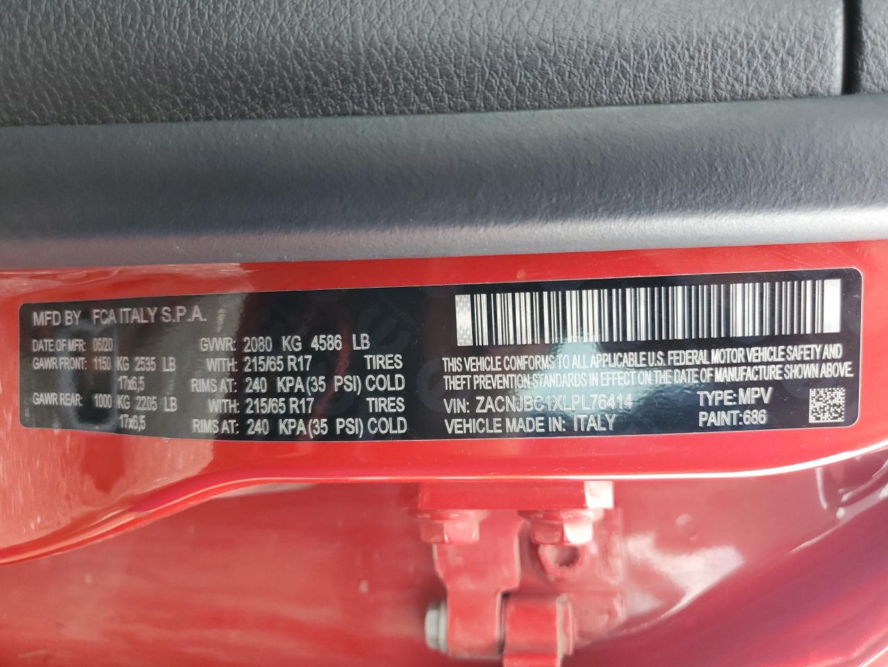 2020 Jeep Renegade Trailhawk VIN: ZACNJBC1XLPL76414 Lot: 61033444