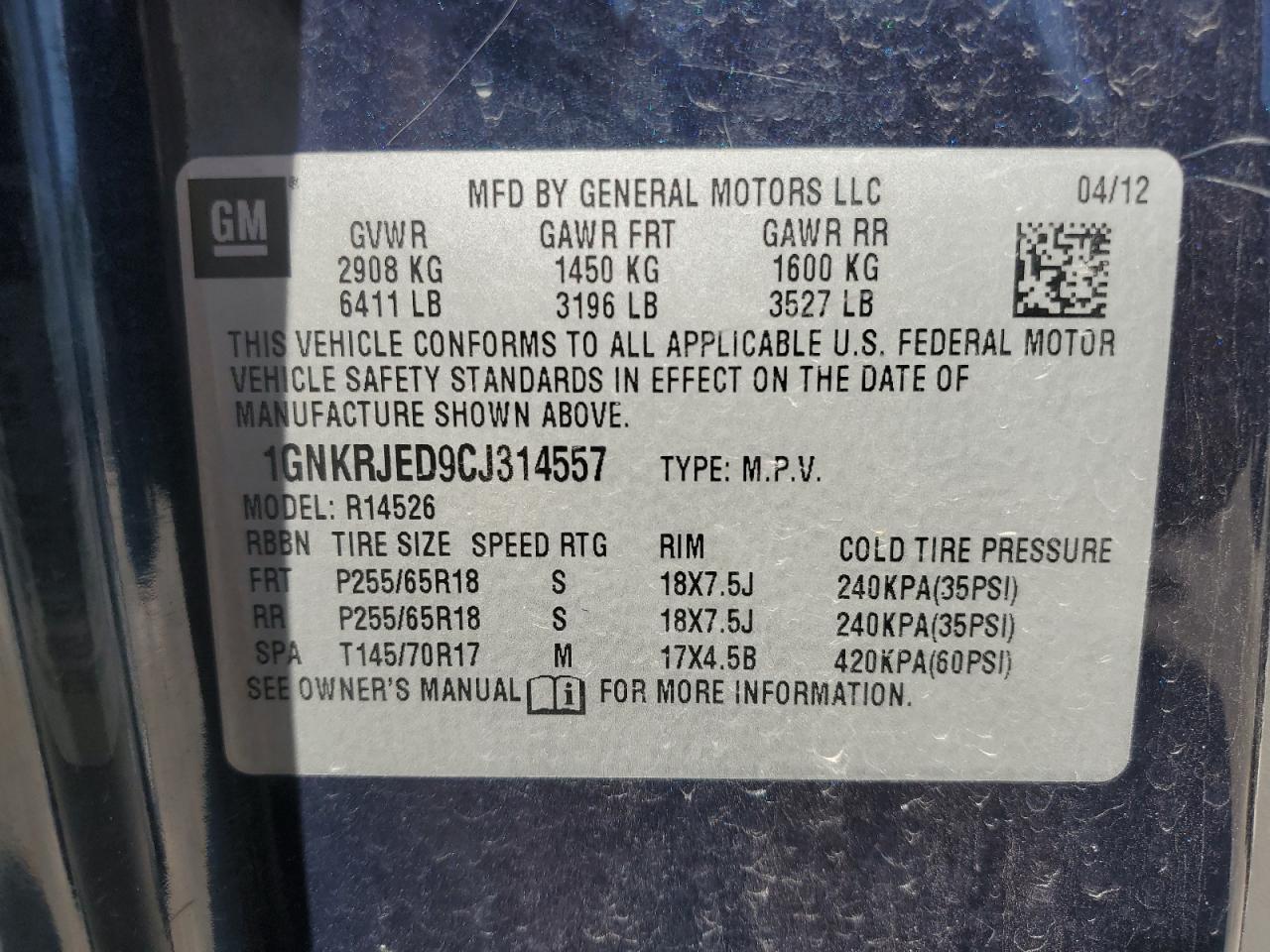 2012 Chevrolet Traverse Lt VIN: 1GNKRJED9CJ314557 Lot: 60934654