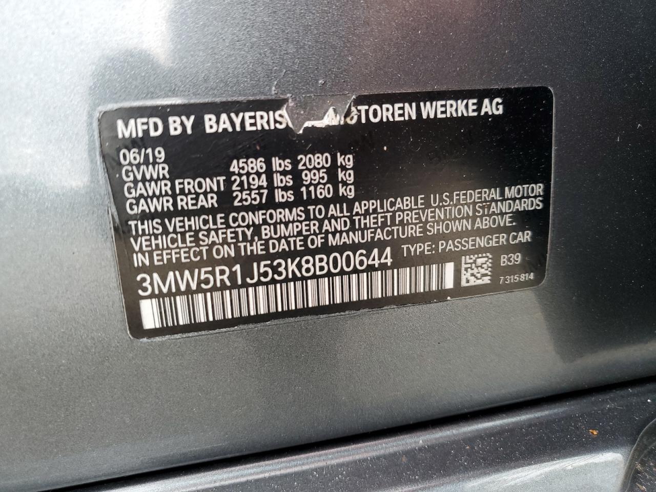 3MW5R1J53K8B00644 2019 BMW 330I