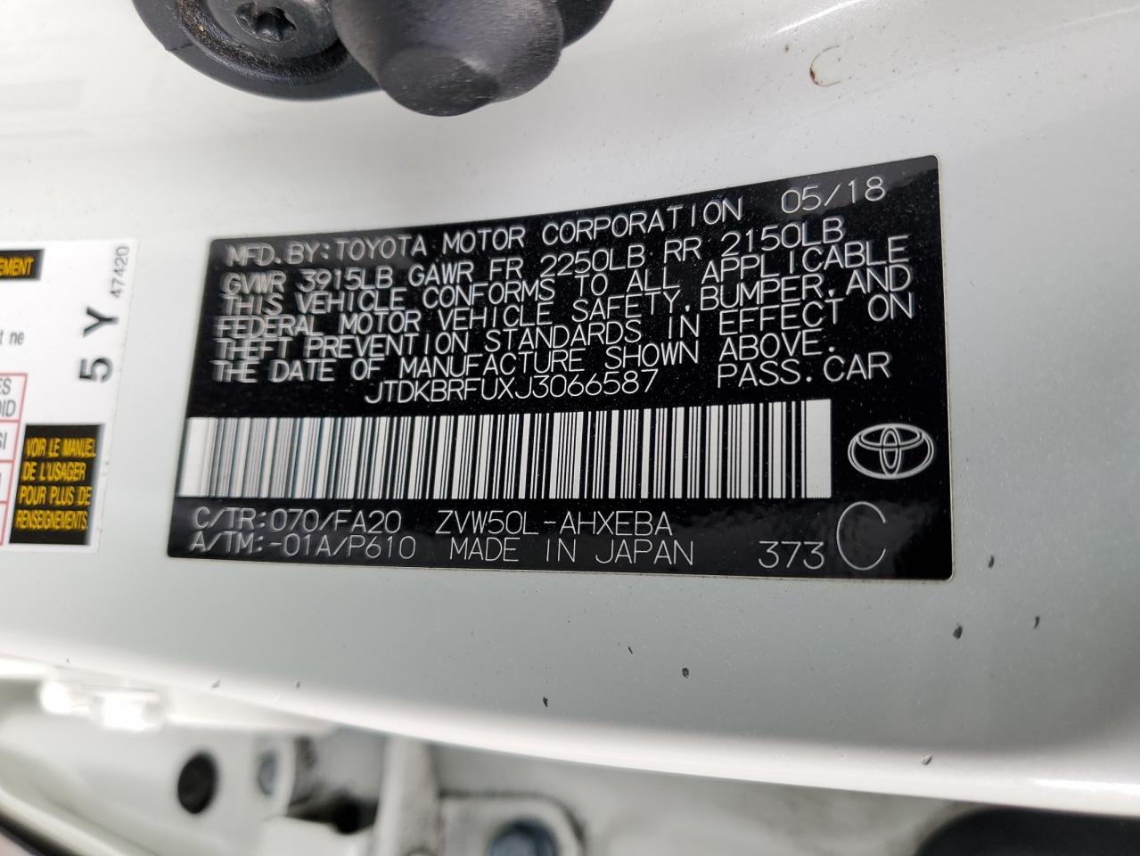 2018 Toyota Prius VIN: JTDKBRFUXJ3066587 Lot: 63401754