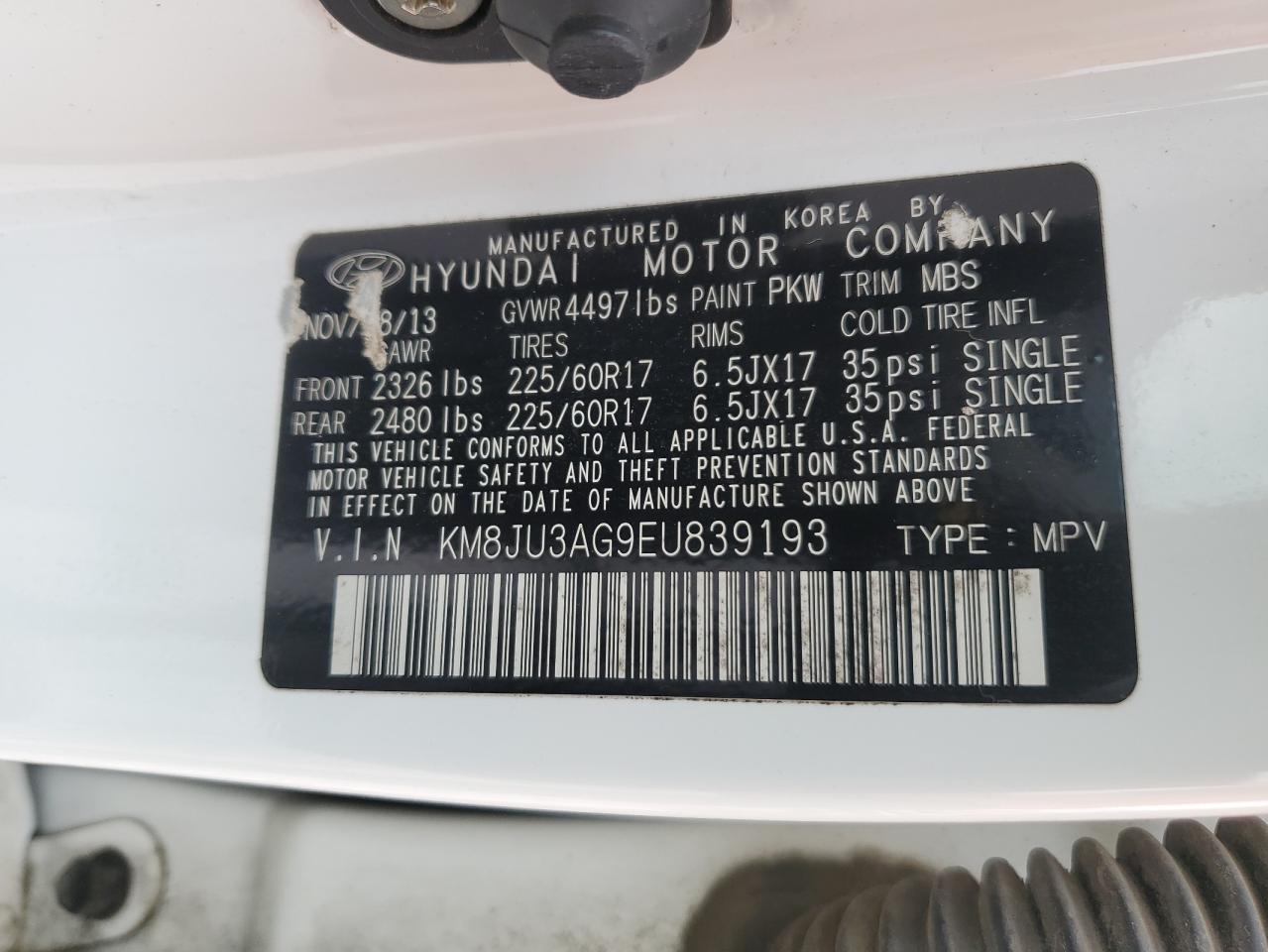 2014 Hyundai Tucson Gls VIN: KM8JU3AG9EU839193 Lot: 64114484