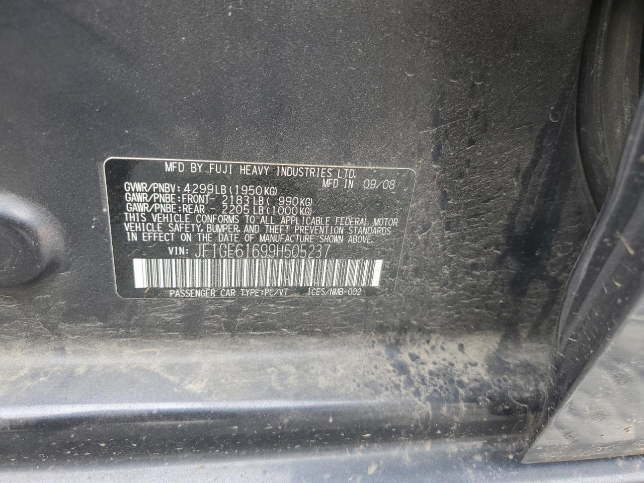 2009 Subaru Impreza 2.5I VIN: JF1GE61699H505237 Lot: 62026854