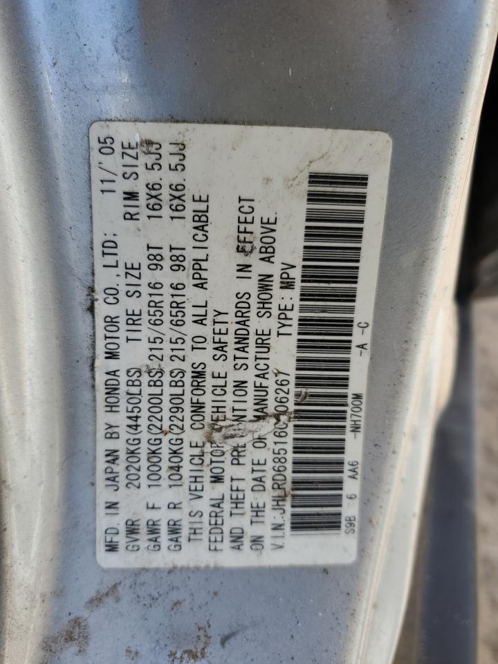 2006 Honda Cr-V Lx VIN: JHLRD68516C006267 Lot: 61624834