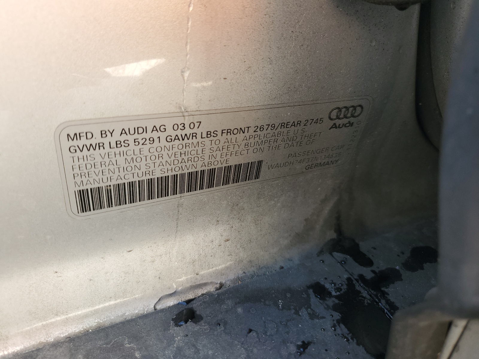 WAUDH74F37N134836 2007 Audi A6 3.2 Quattro