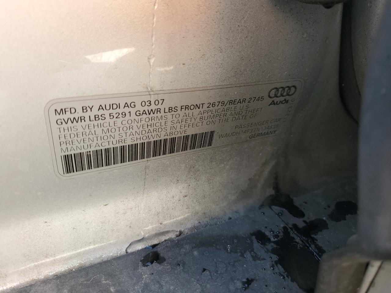 2007 Audi A6 3.2 Quattro VIN: WAUDH74F37N134836 Lot: 63057204