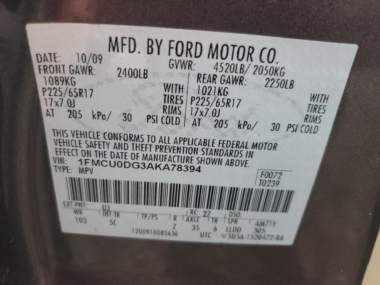 2010 Ford Escape Xlt VIN: 1FMCU0DG3AKA78394 Lot: 63529094