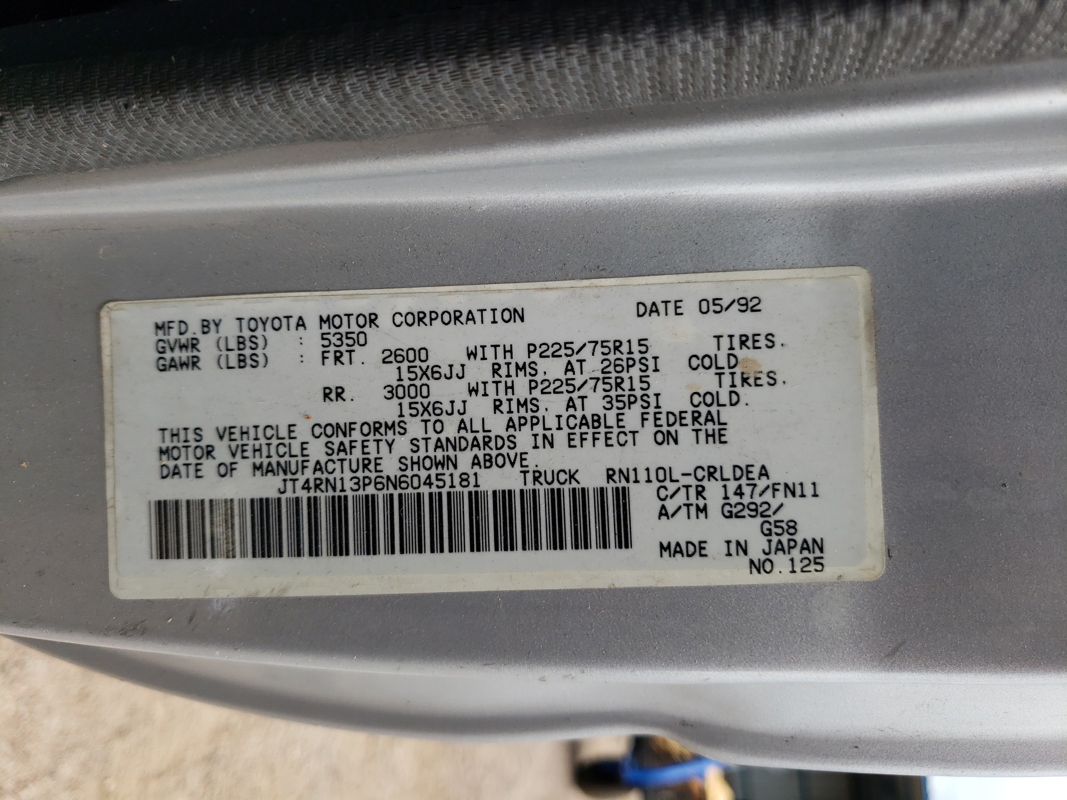 JT4RN13P6N6045181 1992 Toyota Pickup 1/2 Ton Extra Long Wheelbase Dlx