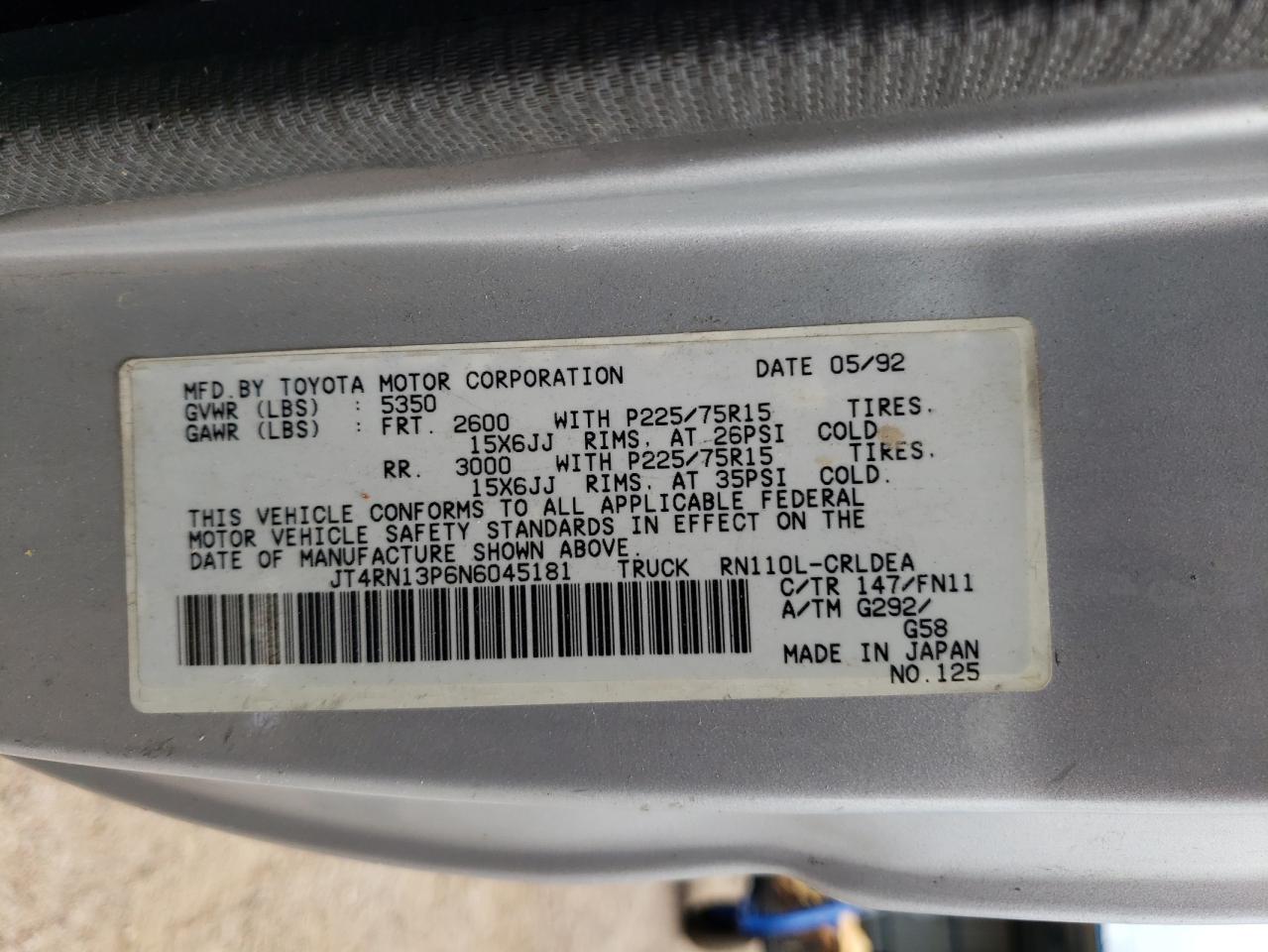 1992 Toyota Pickup 1/2 Ton Extra Long Wheelbase Dlx VIN: JT4RN13P6N6045181 Lot: 64927774