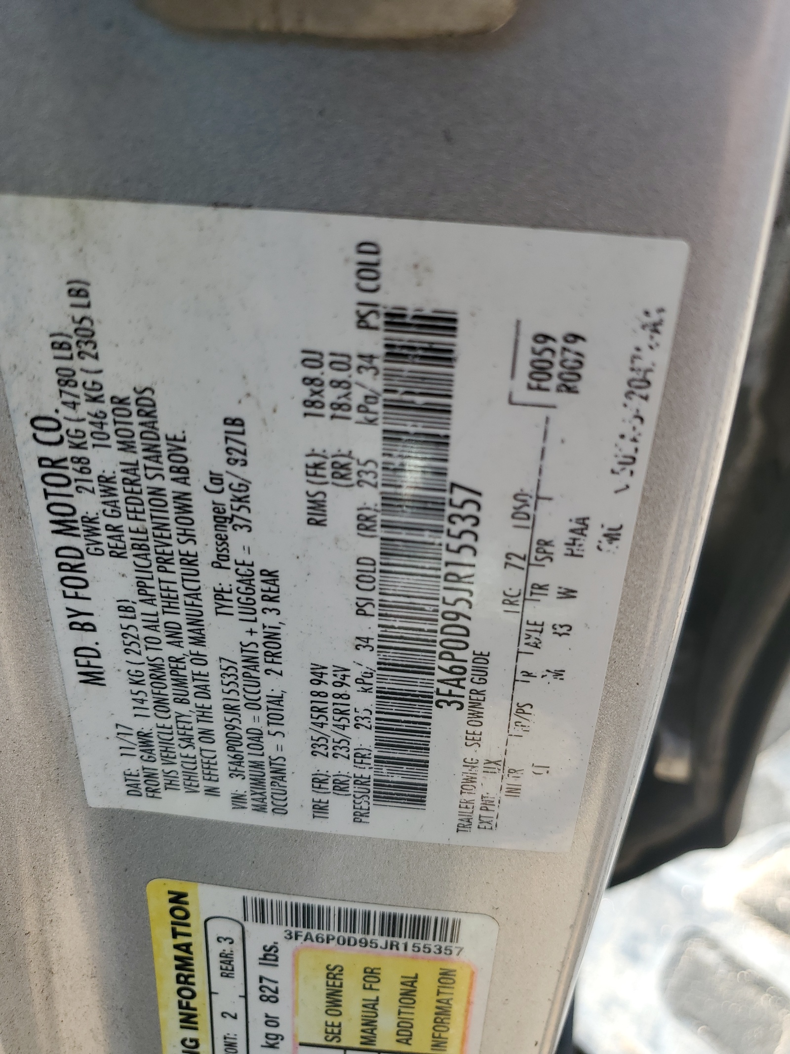 2018 Ford Fusion Titanium/Platinum vin: 3FA6P0D95JR155357