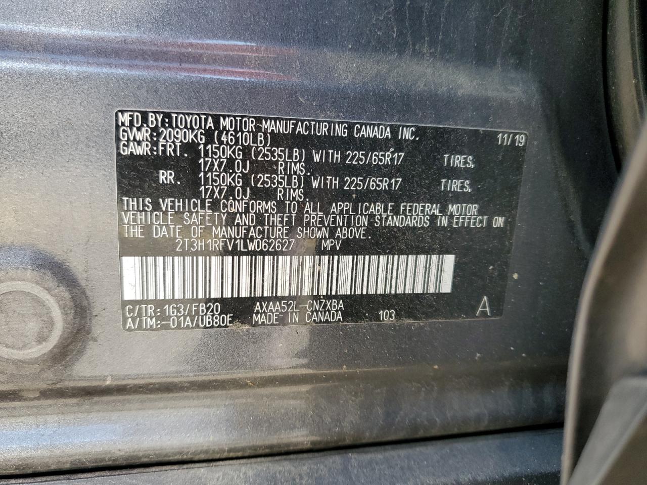 2020 Toyota Rav4 Le VIN: 2T3H1RFV1LW062627 Lot: 61899014