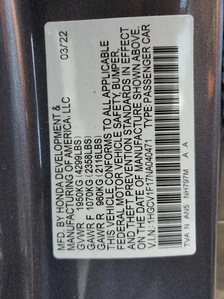 2022 Honda Accord Lx VIN: 1HGCV1F17NA040471 Lot: 62217184