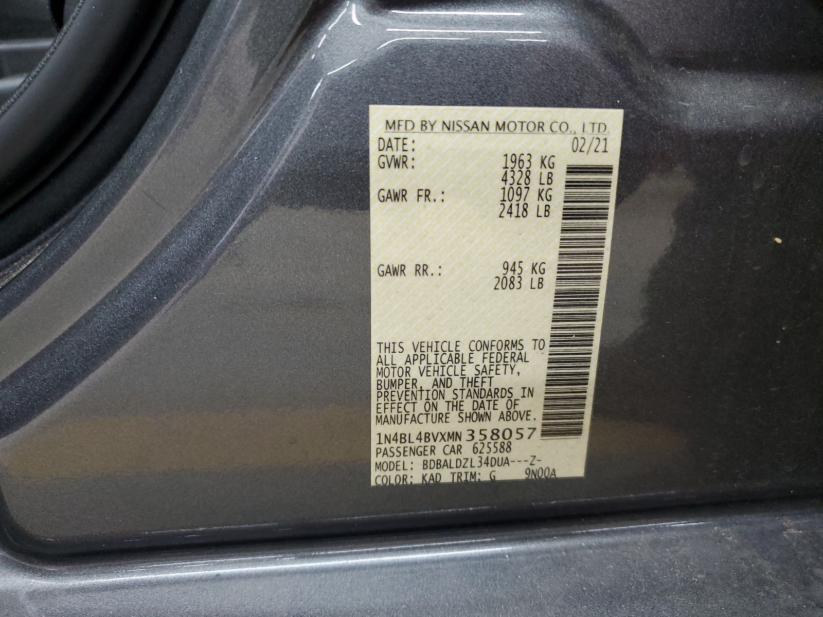 2021 Nissan Altima S vin: 1N4BL4BVXMN358057