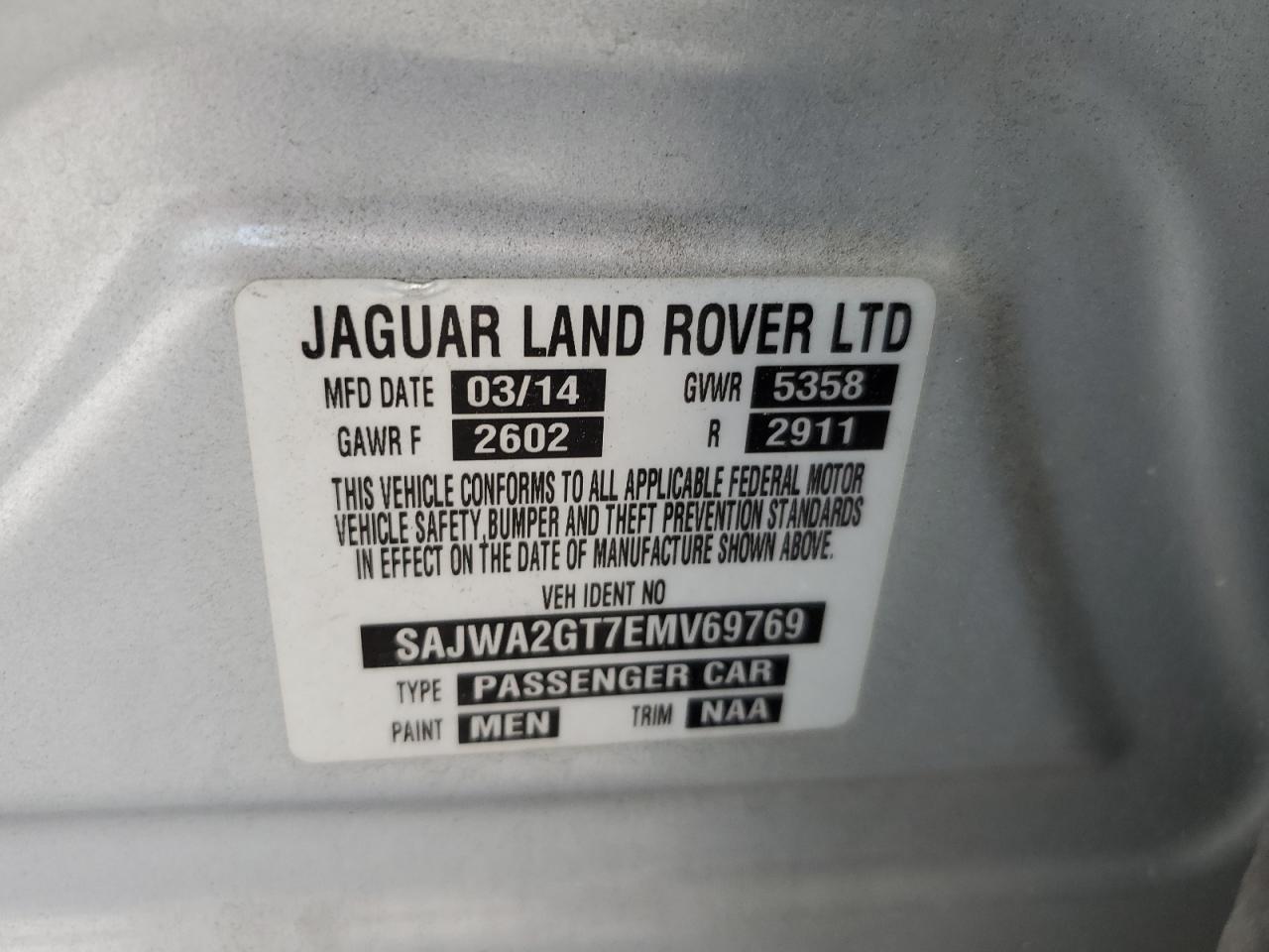 2014 Jaguar Xjl Supercharged VIN: SAJWA2GT7EMV69769 Lot: 63546084