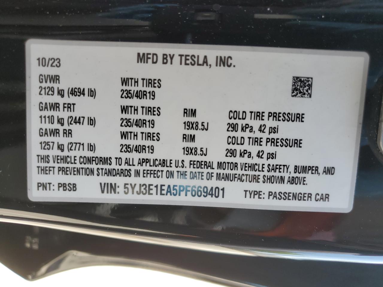 2023 Tesla Model 3 VIN: 5YJ3E1EA5PF669401 Lot: 62280564