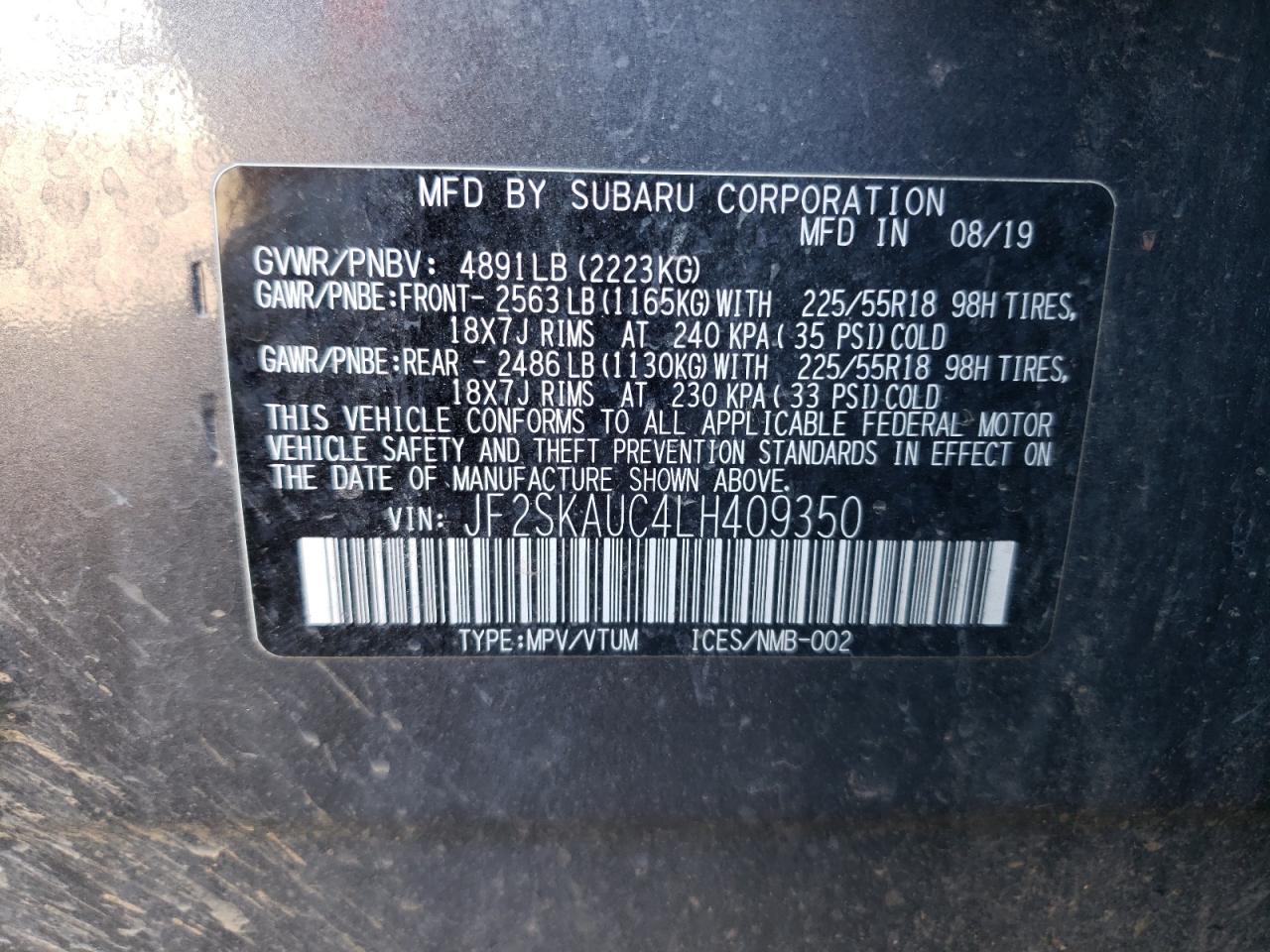 2020 Subaru Forester Limited VIN: JF2SKAUC4LH409350 Lot: 62444014