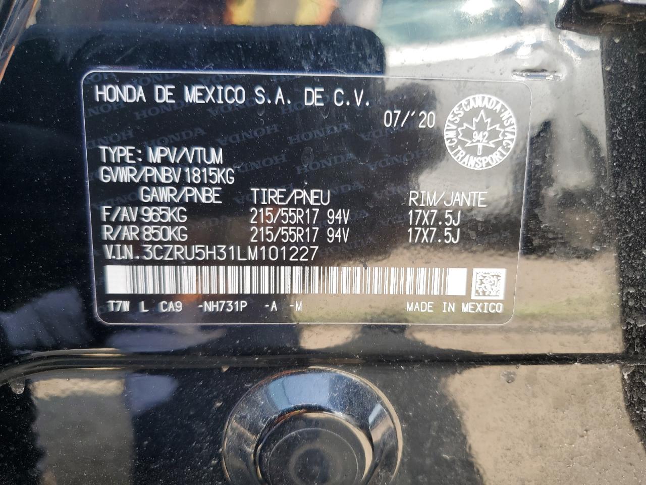 2020 Honda Hr-V Lx VIN: 3CZRU5H31LM101227 Lot: 64556414