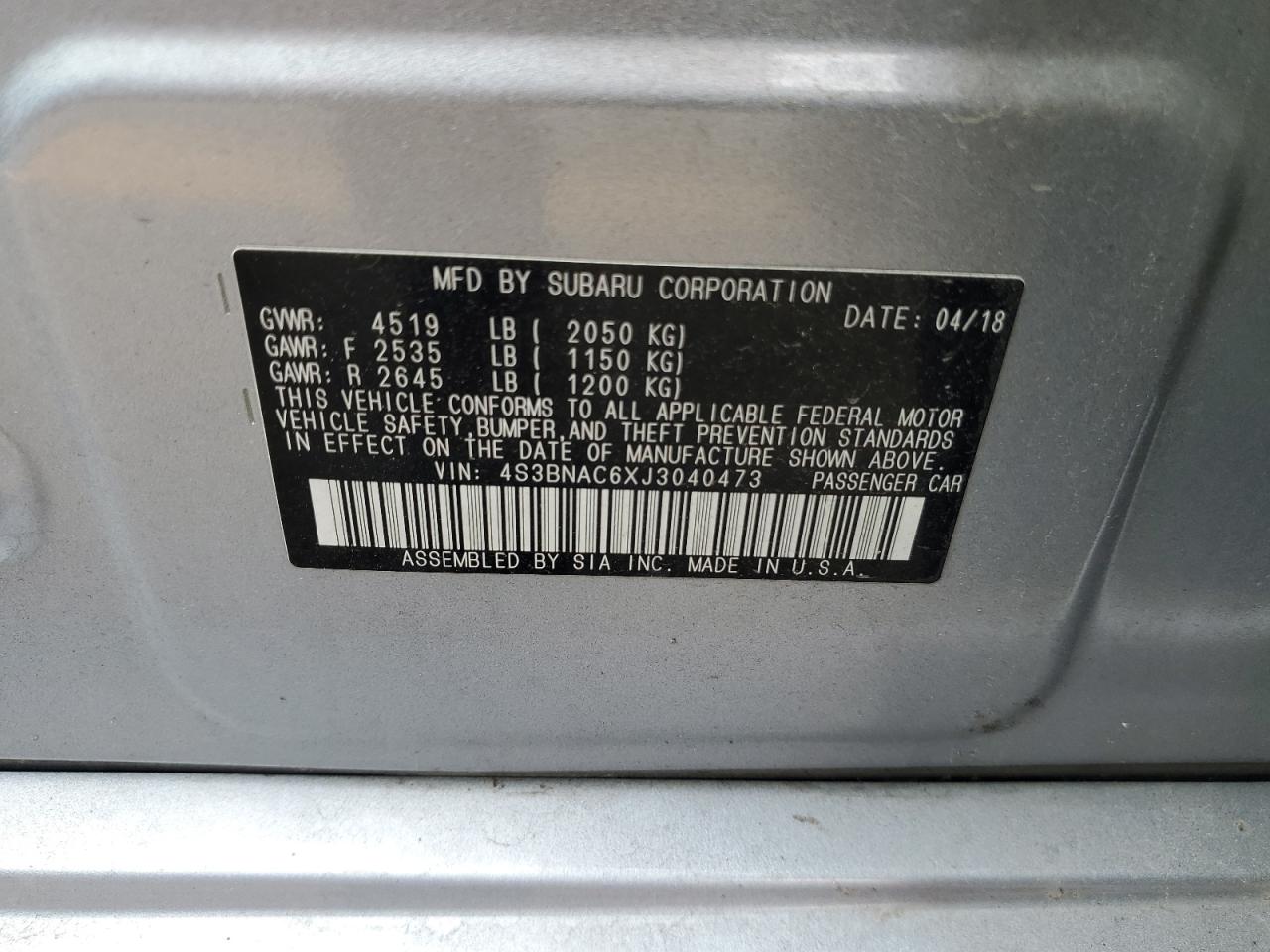 2018 Subaru Legacy 2.5I Premium VIN: 4S3BNAC6XJ3040473 Lot: 62657544