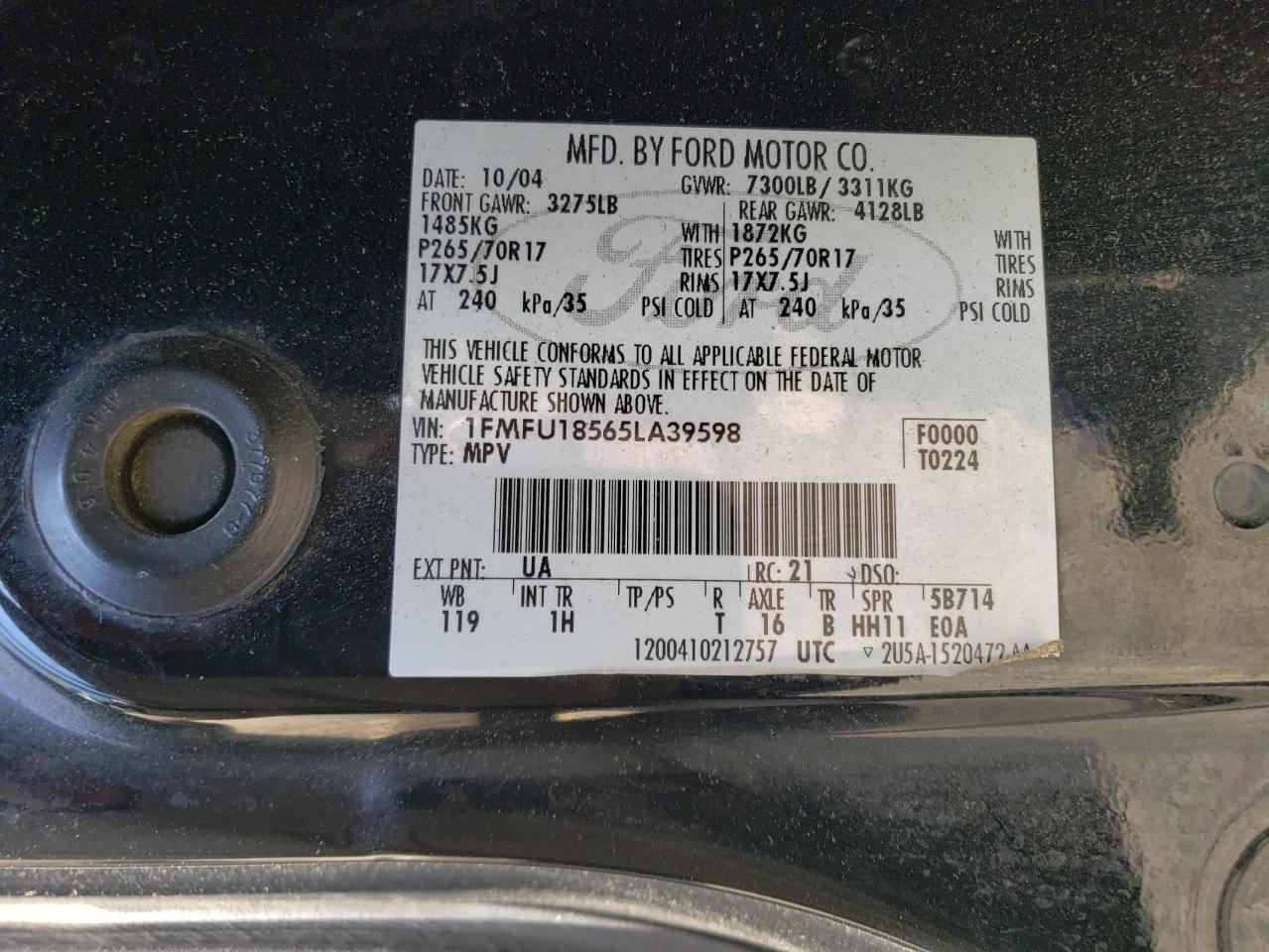 2005 Ford Expedition Eddie Bauer VIN: 1FMFU18565LA39598 Lot: 61724134