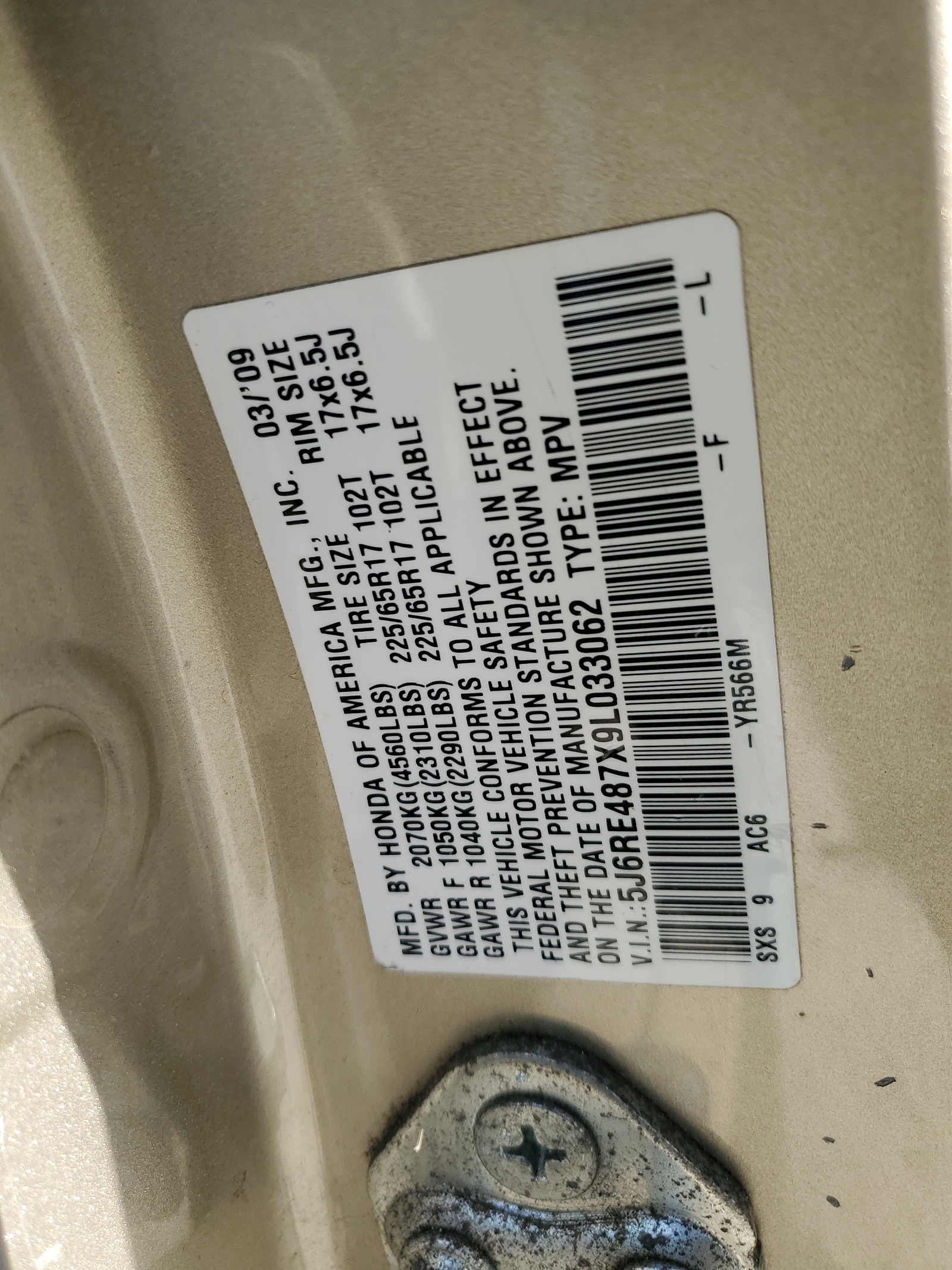 5J6RE487X9L033062 2009 Honda Cr-V Exl