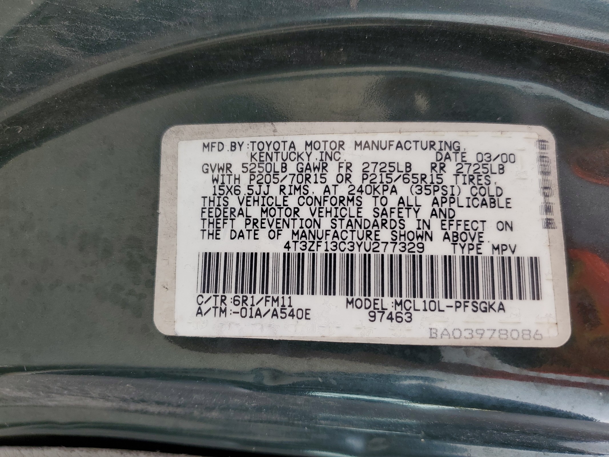 4T3ZF13C3YU277329 2000 Toyota Sienna Le