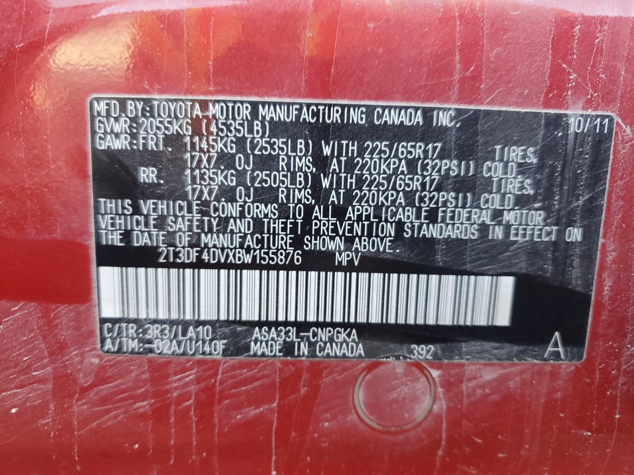 2011 Toyota Rav4 Limited VIN: 2T3DF4DVXBW155876 Lot: 61653524