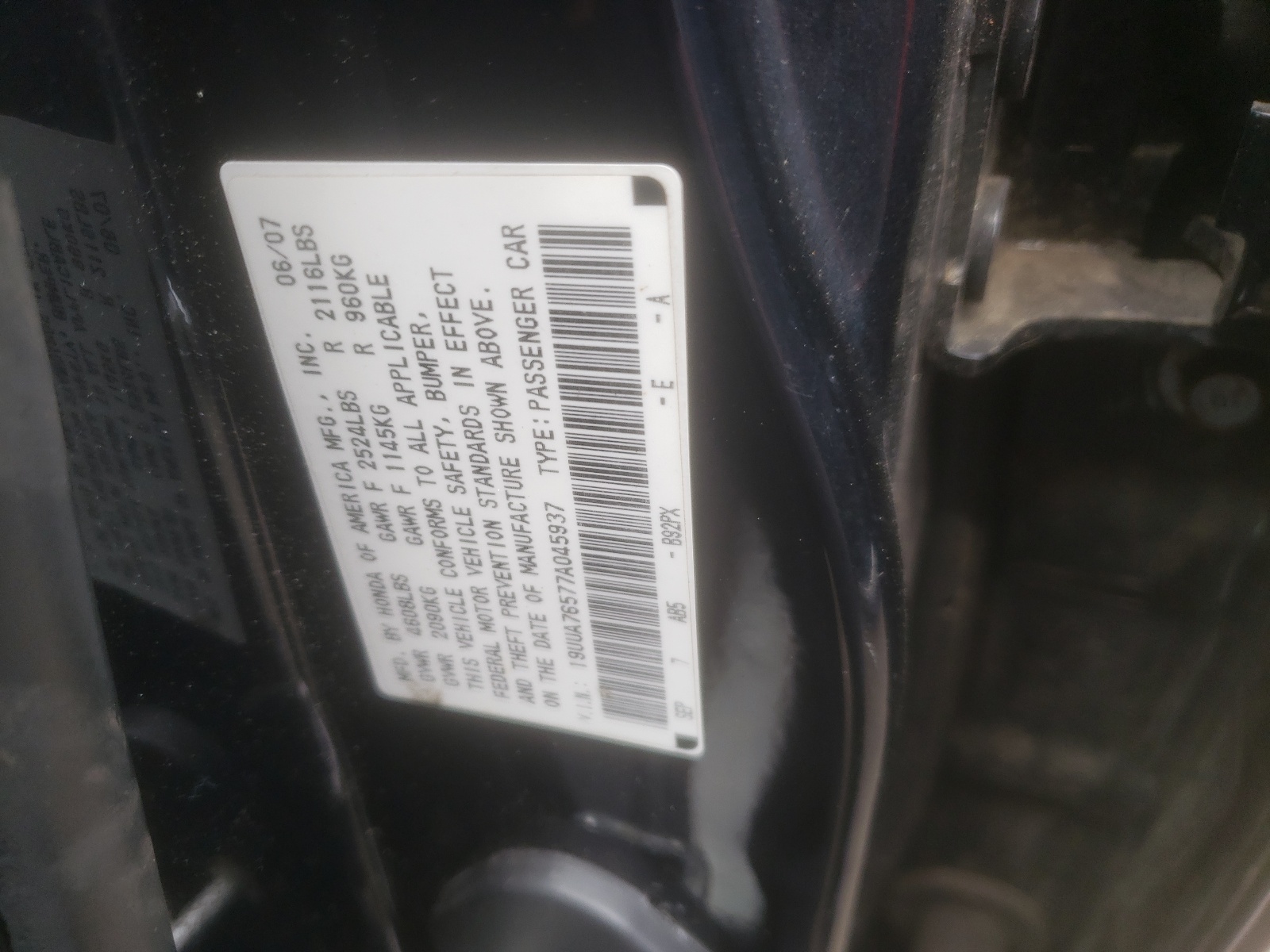 19UUA76577A045937 2007 Acura Tl Type S