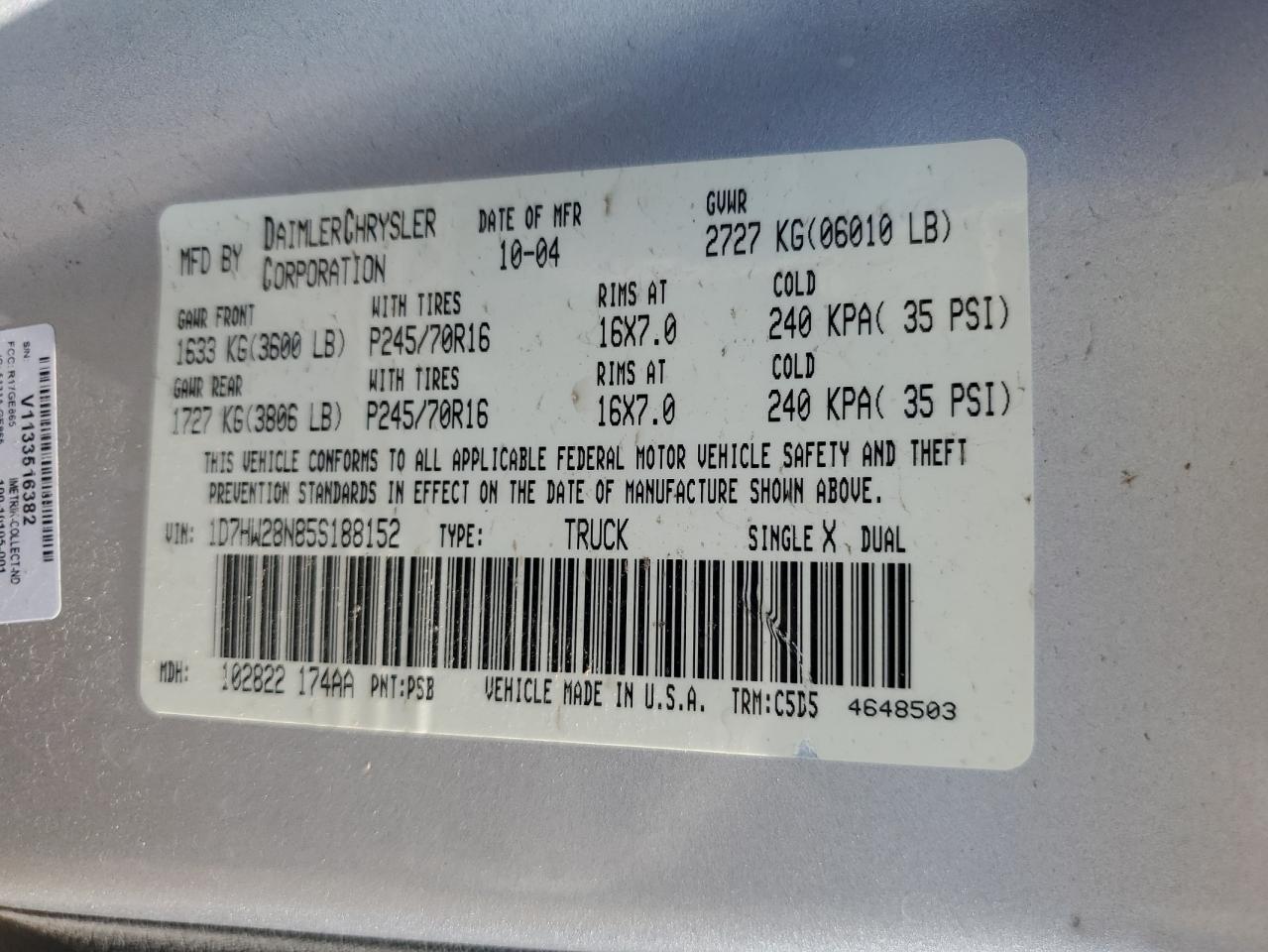 2005 Dodge Dakota Quad VIN: 1D7HW28N85S188152 Lot: 64519874