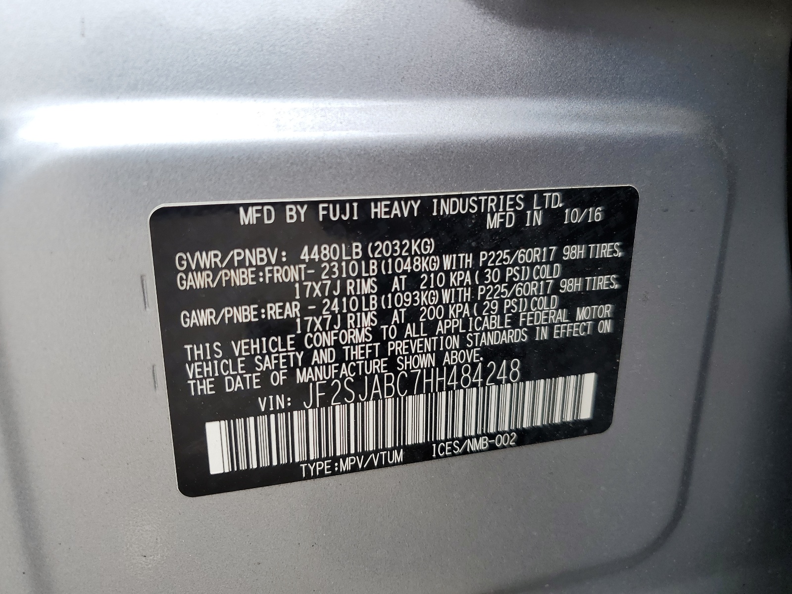 JF2SJABC7HH484248 2017 Subaru Forester 2.5I