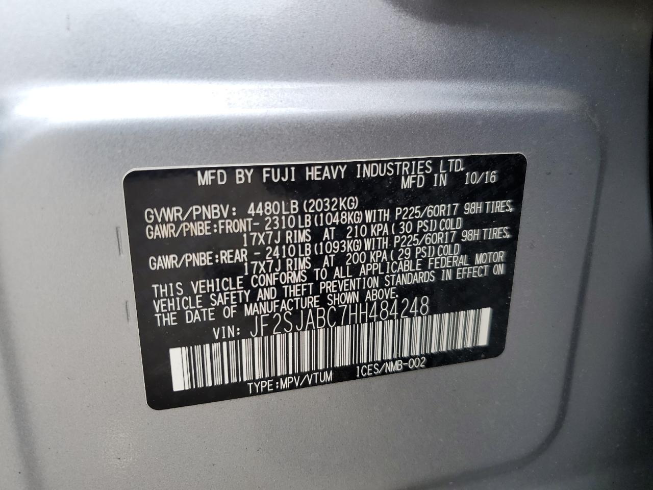 2017 Subaru Forester 2.5I VIN: JF2SJABC7HH484248 Lot: 64813624