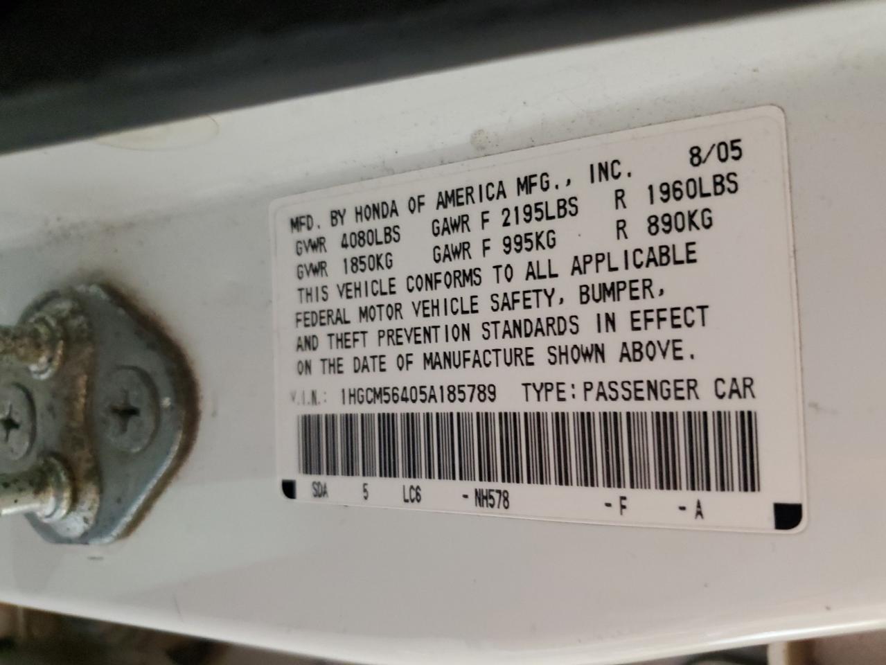 2005 Honda Accord Lx VIN: 1HGCM56405A185789 Lot: 62294414