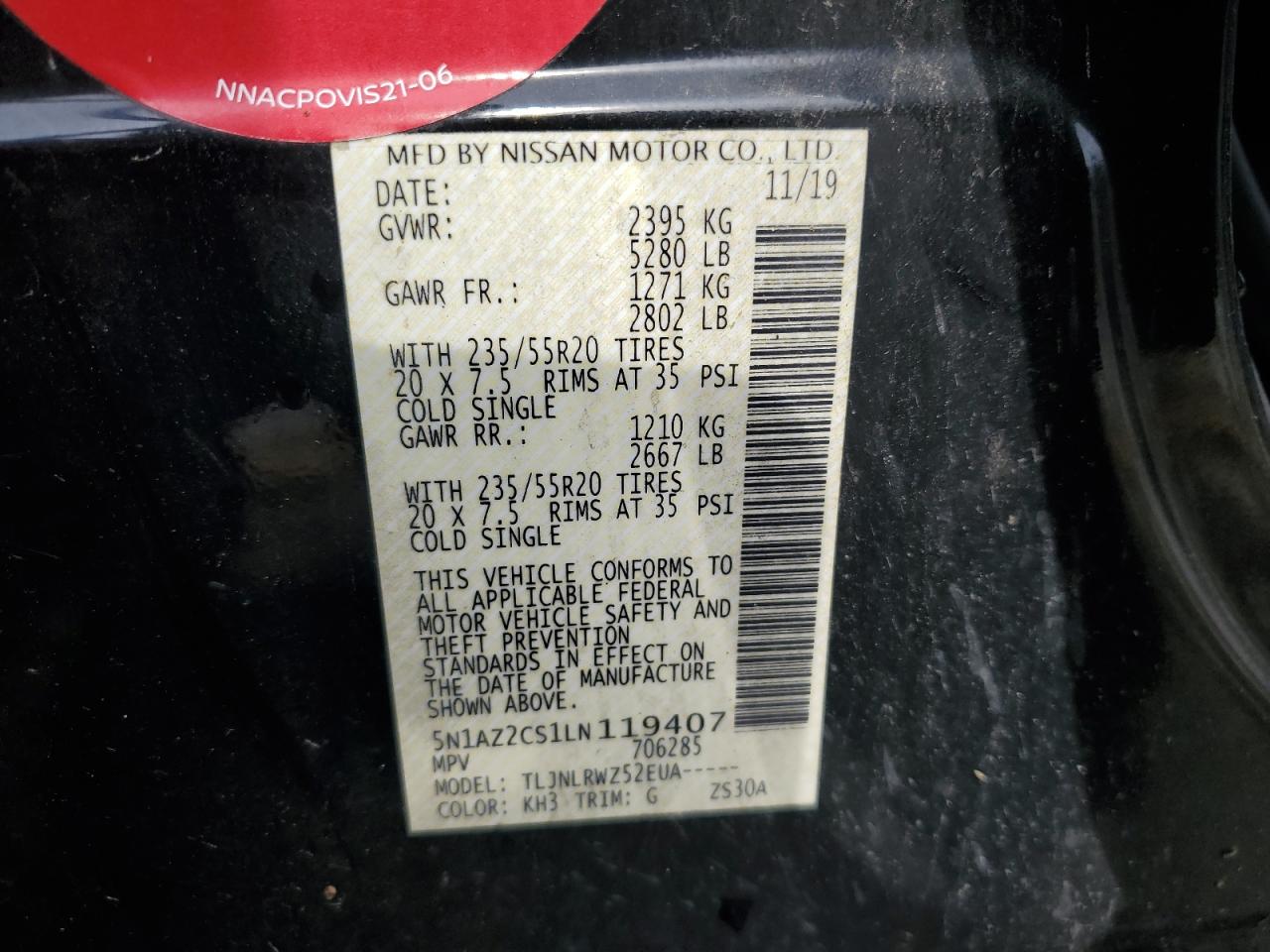 2020 Nissan Murano Sl VIN: 5N1AZ2CS1LN119407 Lot: 63006984