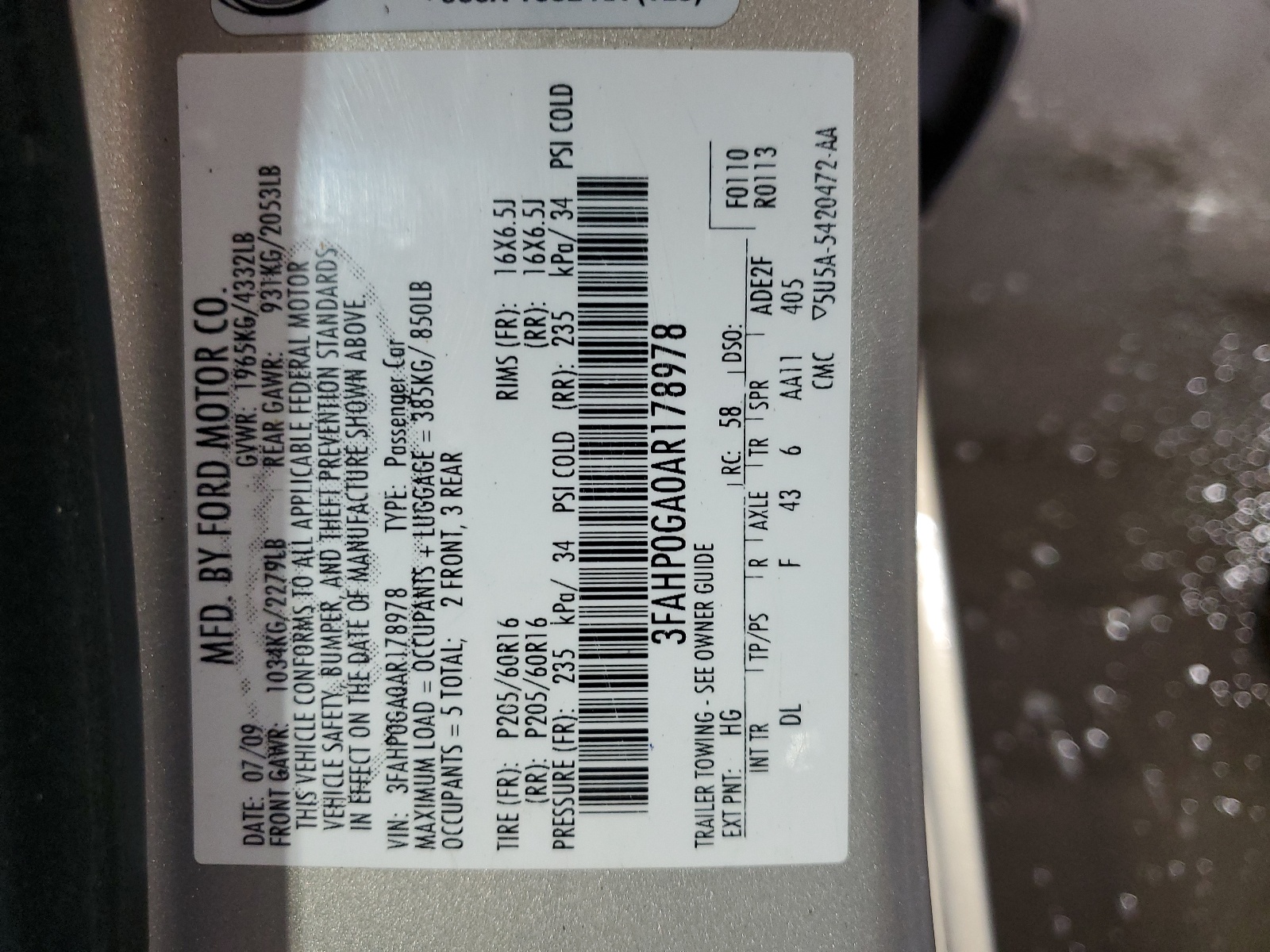 3FAHP0GA0AR178978 2010 Ford Fusion S