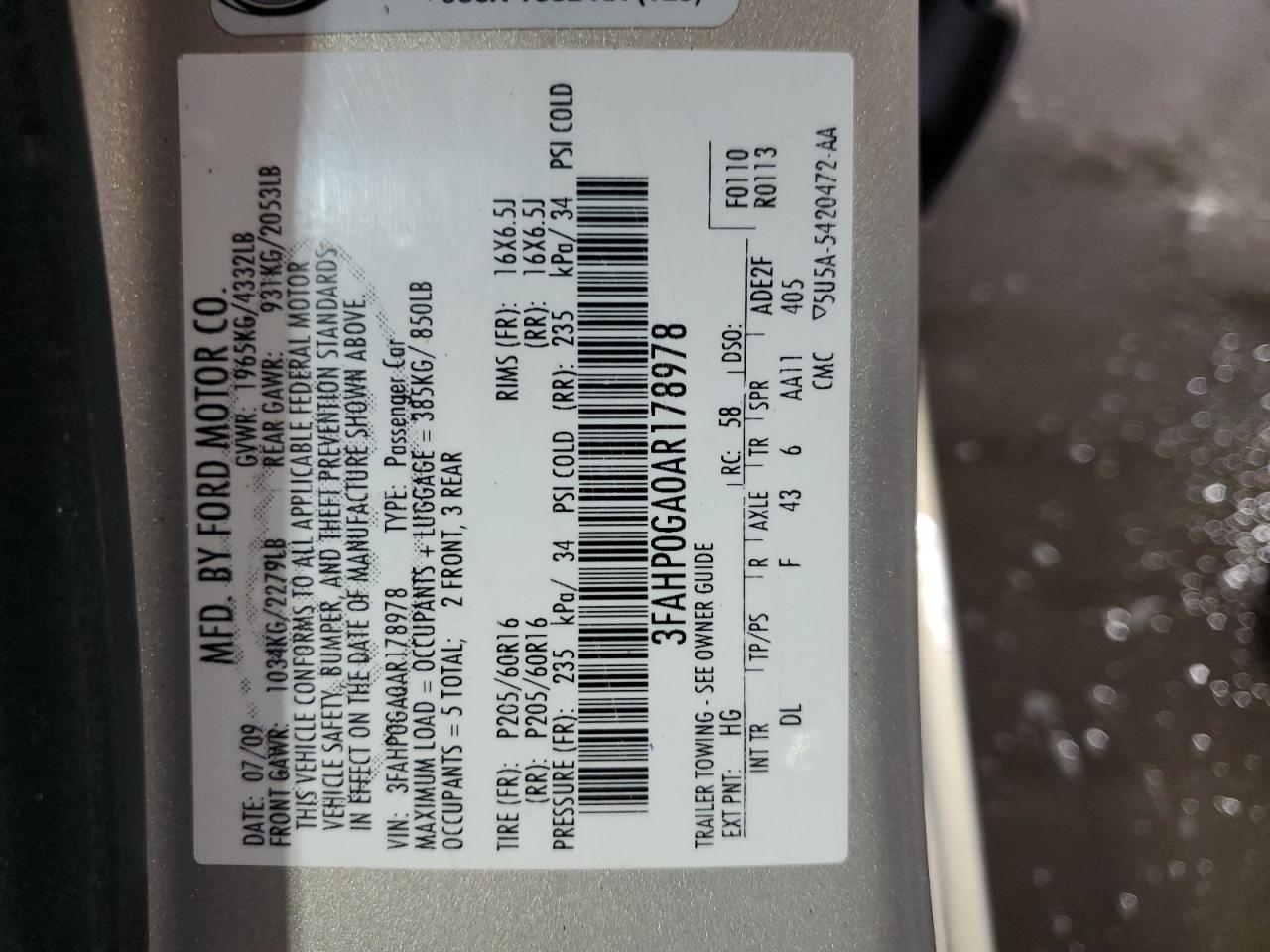 2010 Ford Fusion S VIN: 3FAHP0GA0AR178978 Lot: 63858854