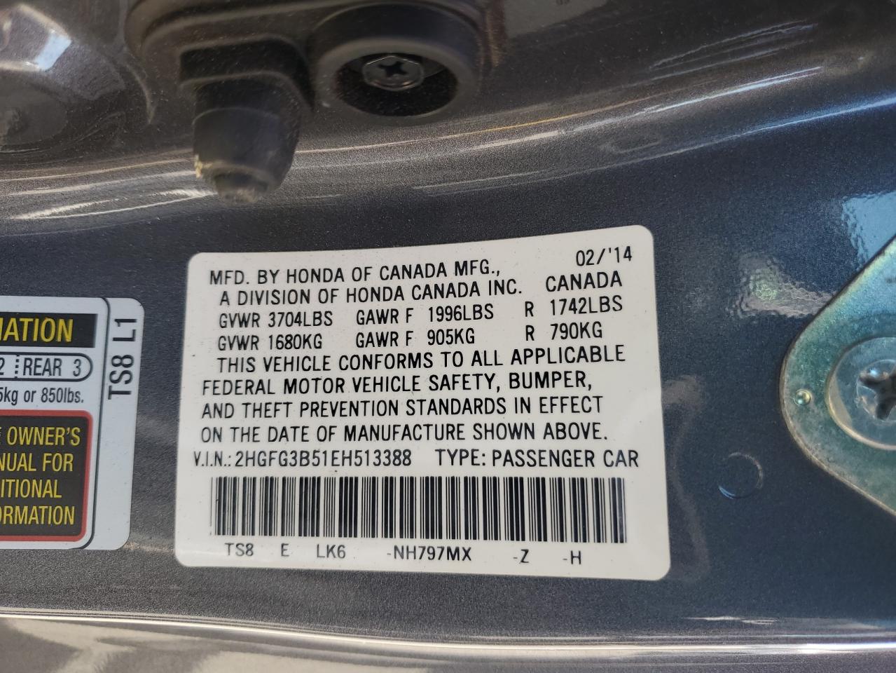 2014 Honda Civic Lx VIN: 2HGFG3B51EH513388 Lot: 65393624