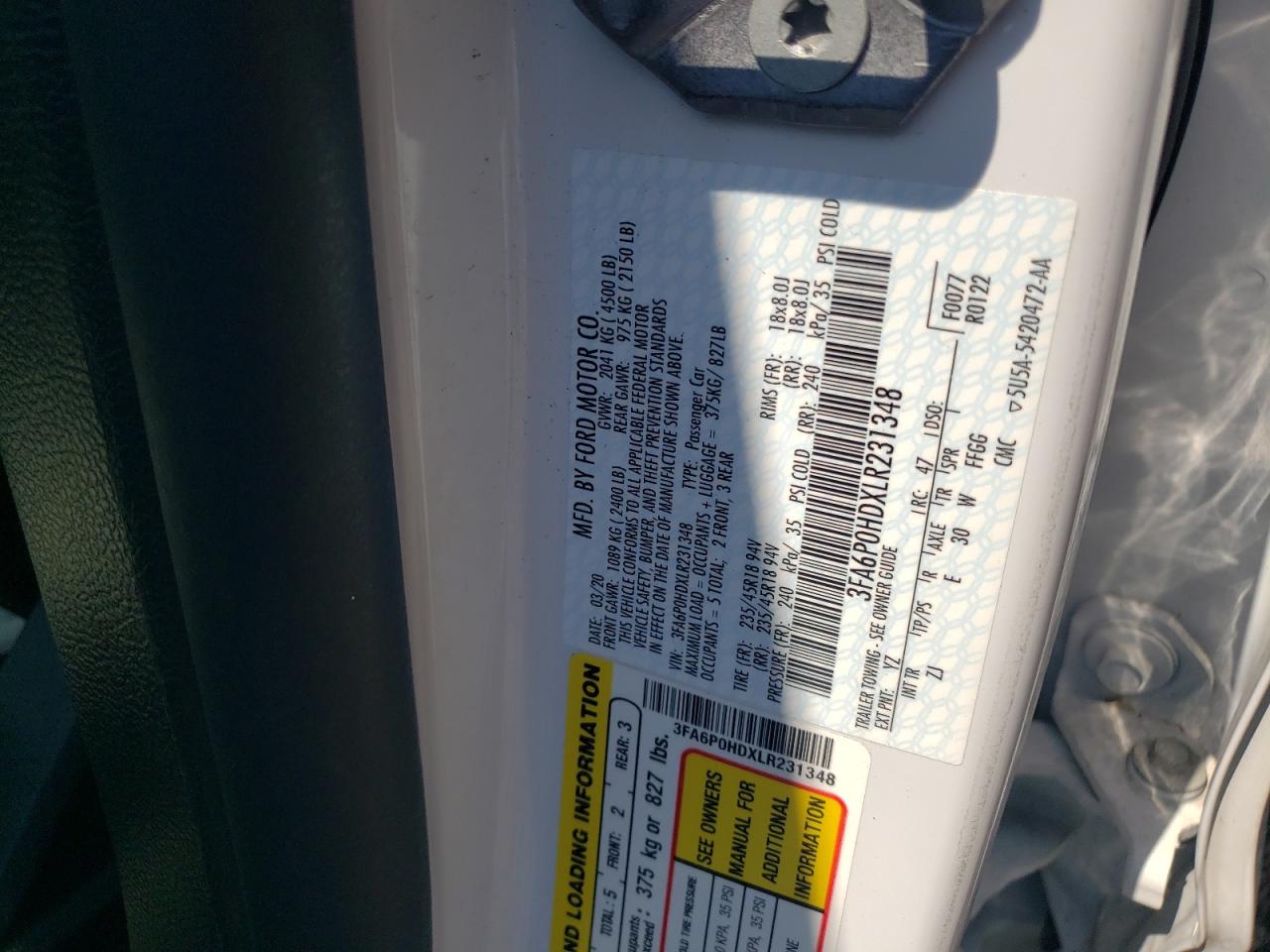 2020 Ford Fusion Se VIN: 3FA6P0HDXLR231348 Lot: 62735304