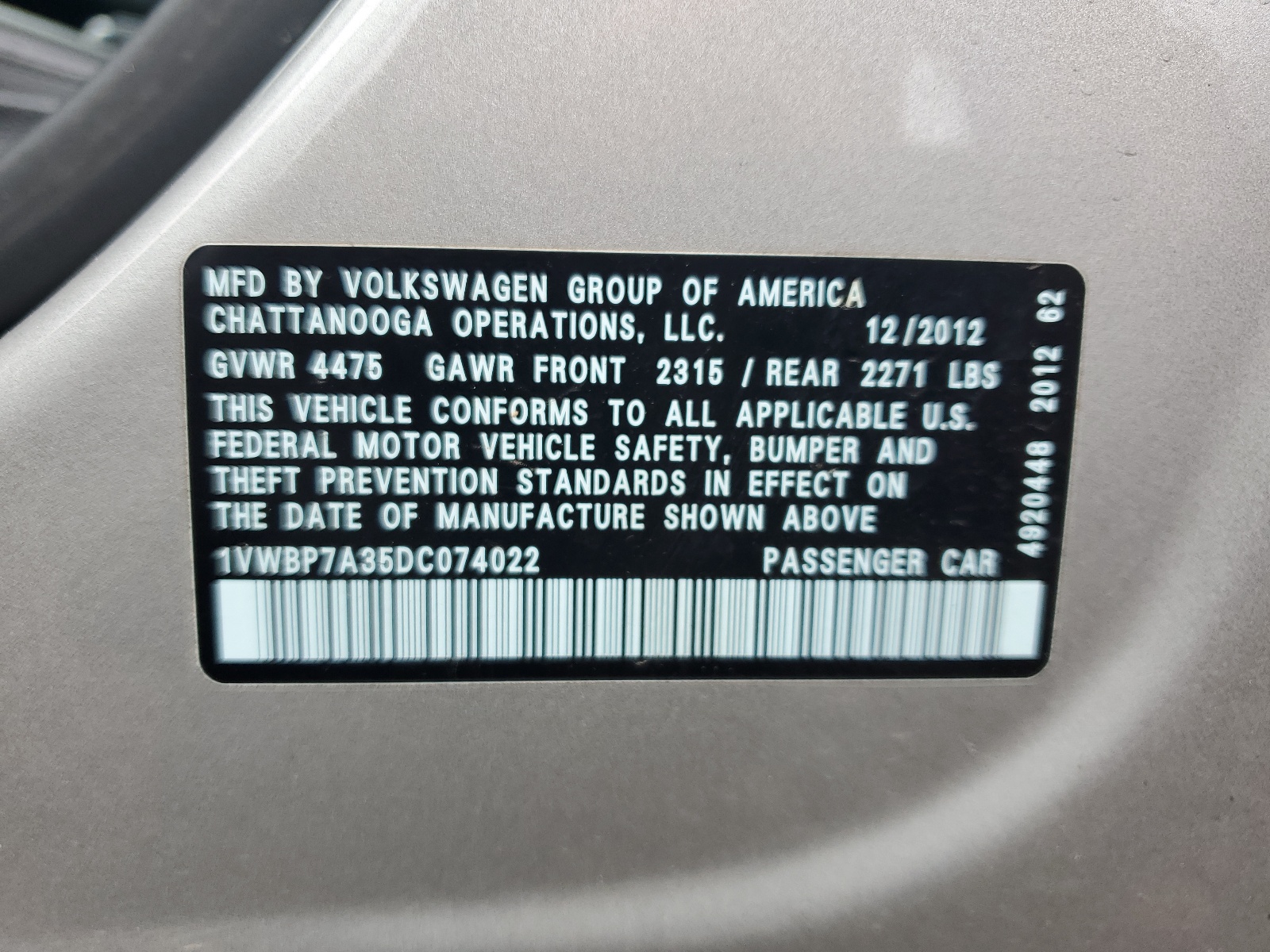 1VWBP7A35DC074022 2013 Volkswagen Passat Se