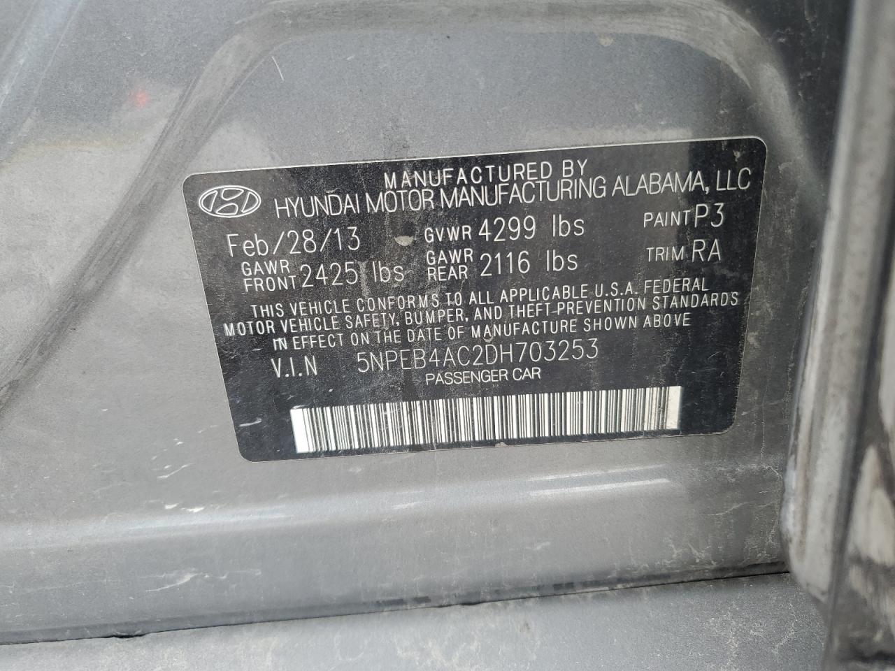 2013 Hyundai Sonata Gls VIN: 5NPEB4AC2DH703253 Lot: 61368034