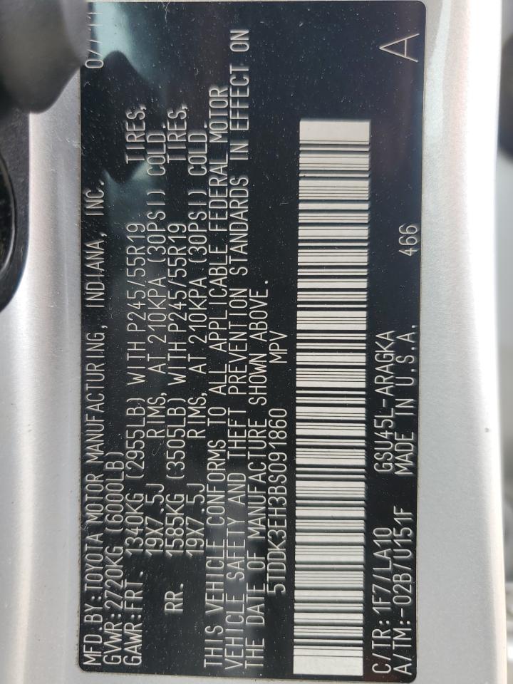 2011 Toyota Highlander Limited VIN: 5TDDK3EH3BS091860 Lot: 63644394