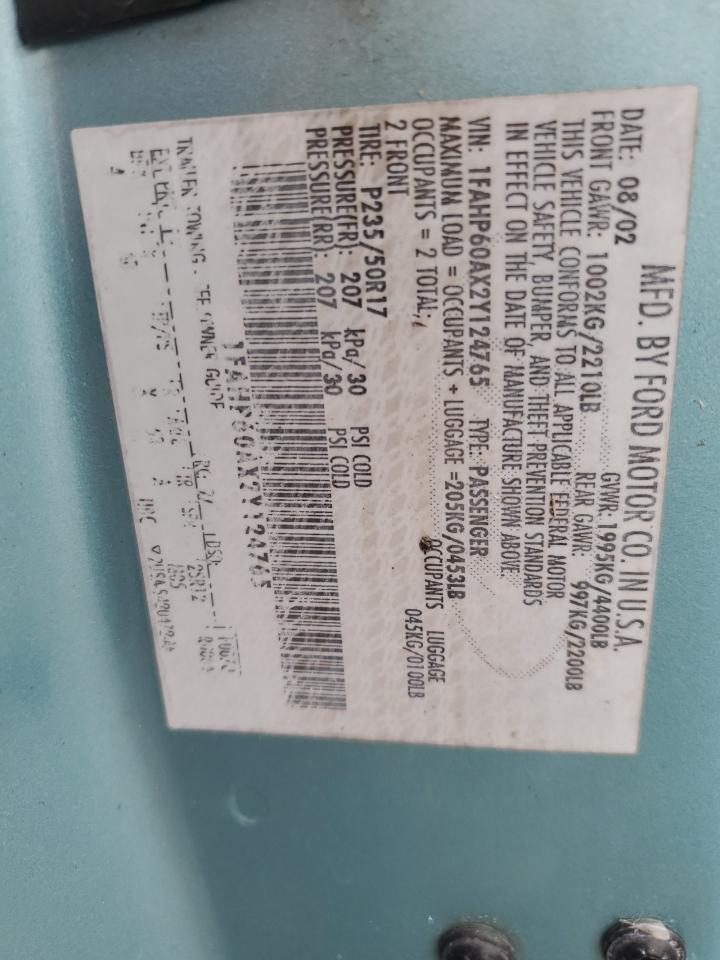 2002 Ford Thunderbird VIN: 1FAHP60AX2Y124765 Lot: 63727244