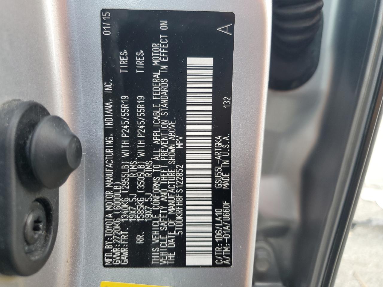 2015 Toyota Highlander Limited VIN: 5TDDKRFH8FS122852 Lot: 62862034