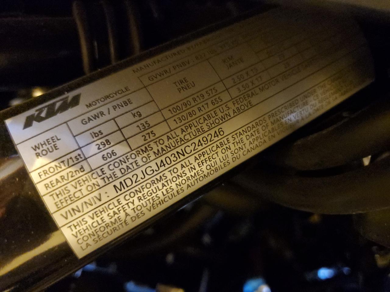 2022 Ktm 390 Adventure VIN: MD2JGJ403NC249246 Lot: 62125194