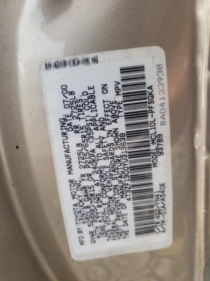 2000 Toyota Sienna Le VIN: 4T3ZF13C0YU313638 Lot: 62255024