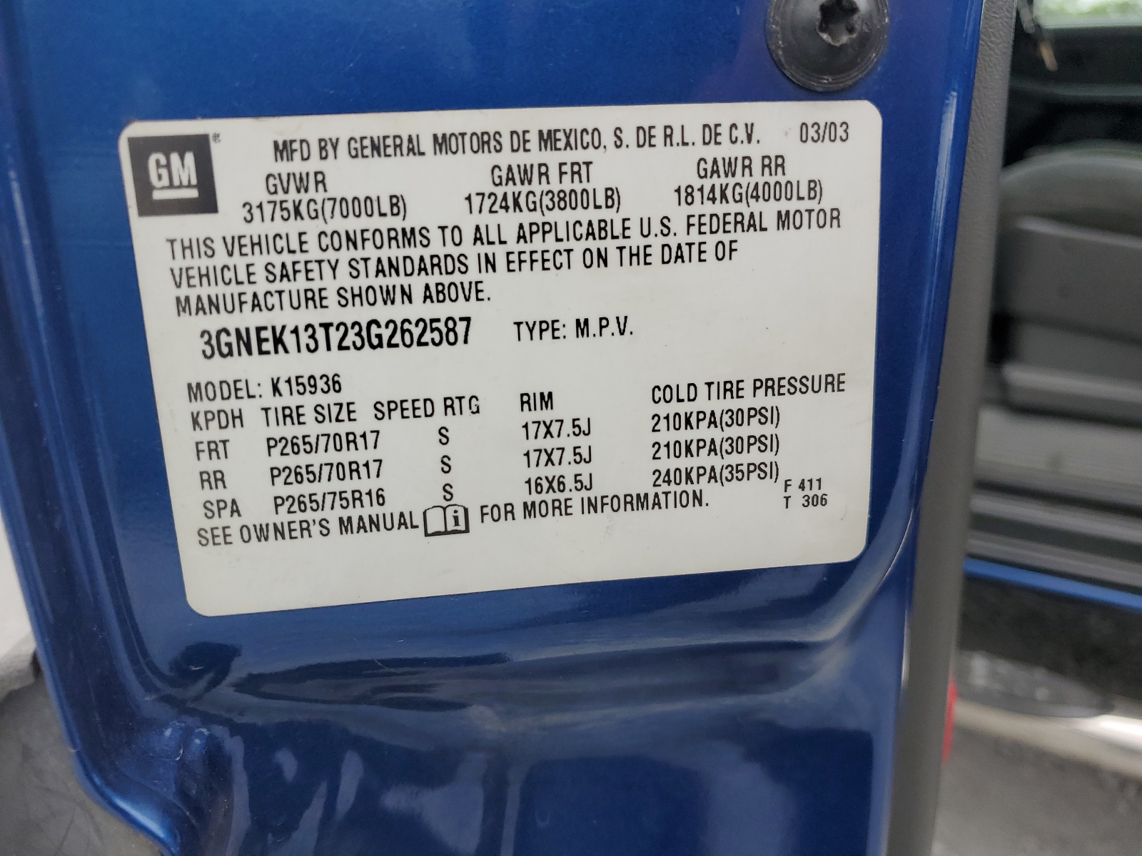 3GNEK13T23G262587 2003 Chevrolet Avalanche K1500