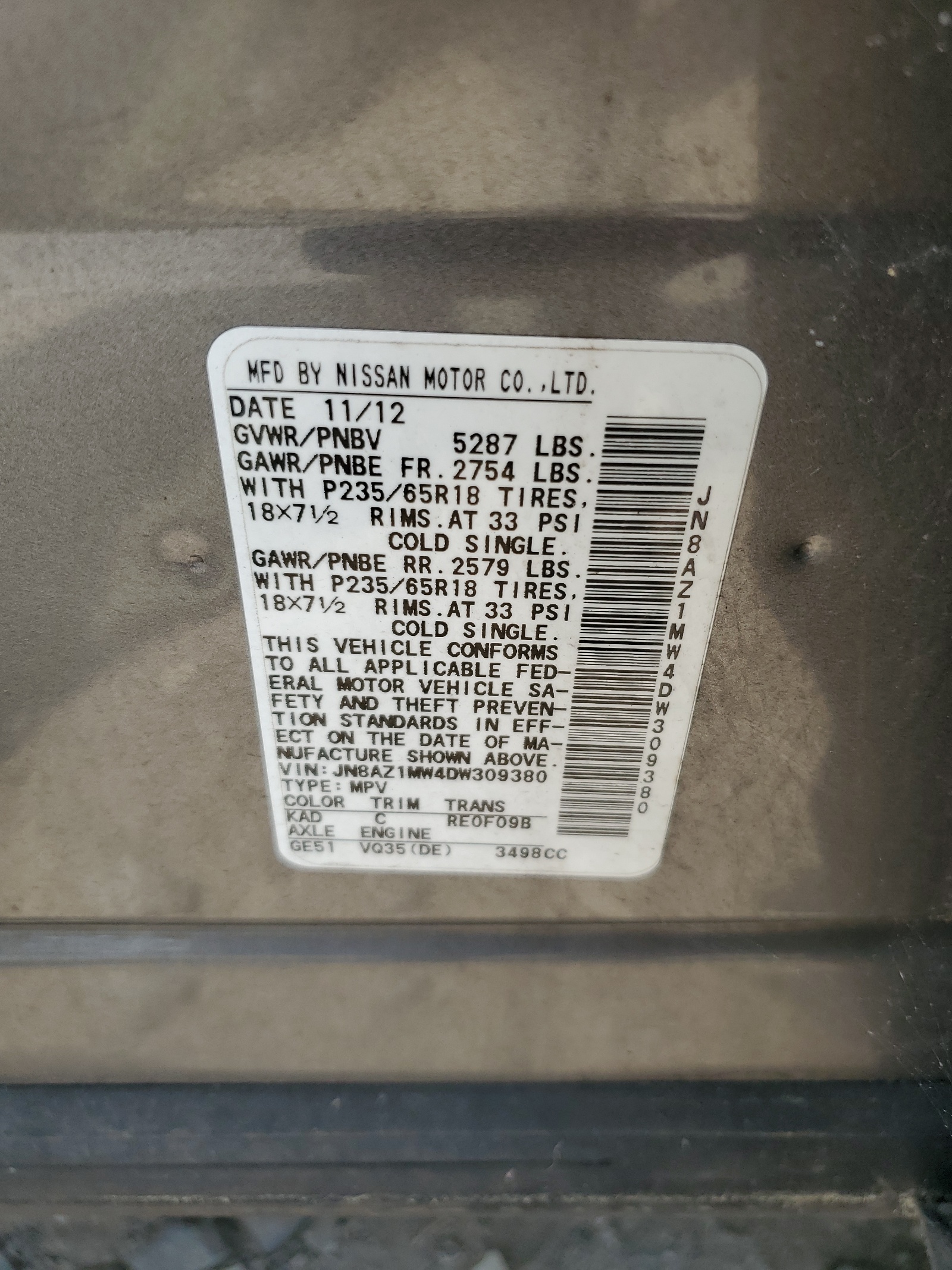 JN8AZ1MW4DW309380 2013 Nissan Murano S