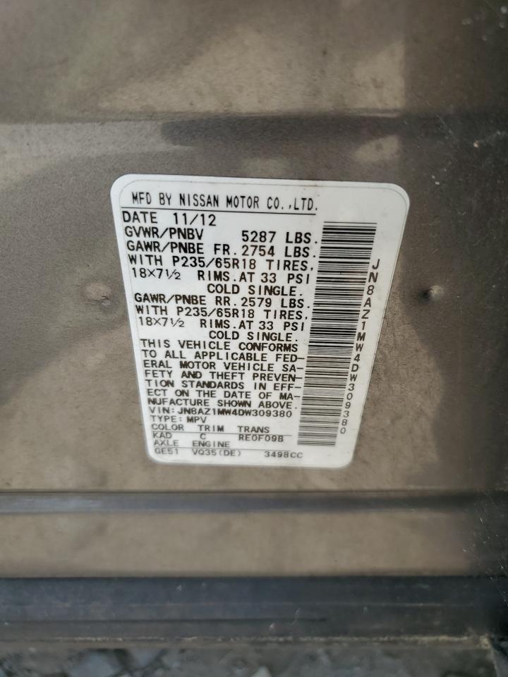 2013 Nissan Murano S VIN: JN8AZ1MW4DW309380 Lot: 64306454