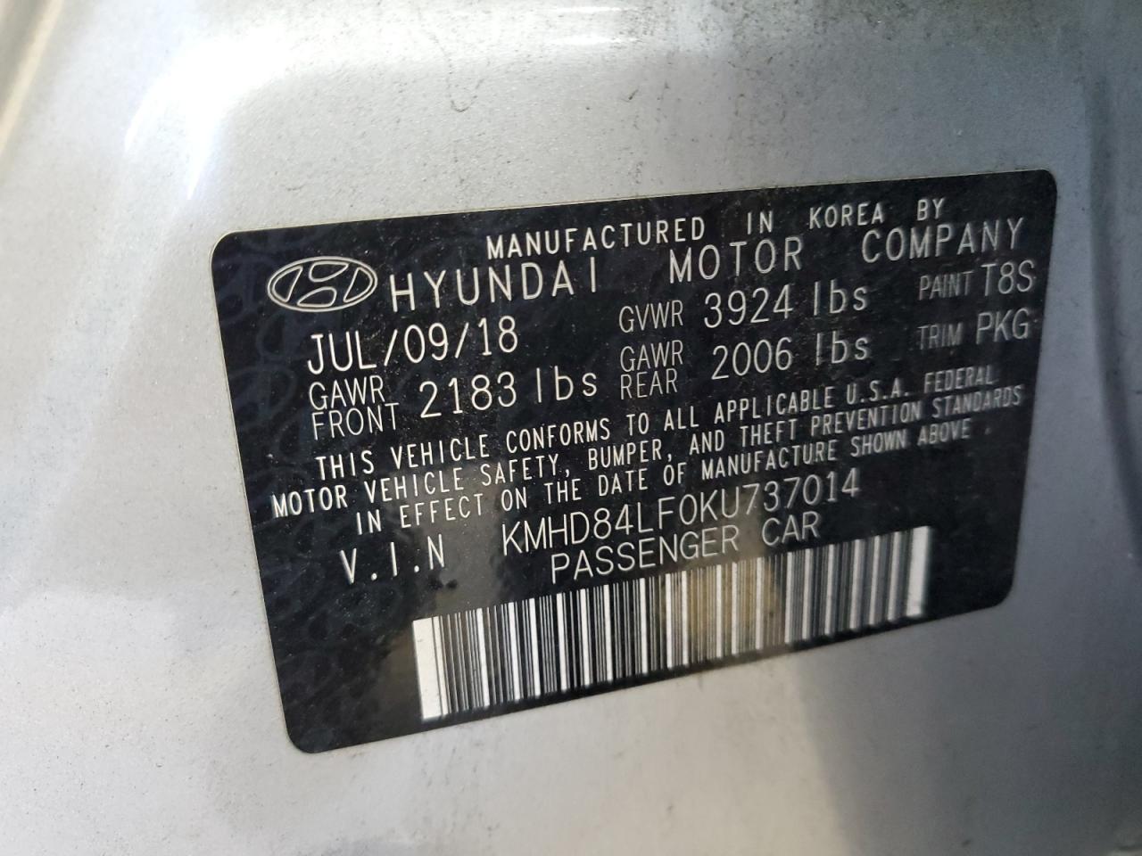 KMHD84LF0KU737014 2019 Hyundai Elantra Sel