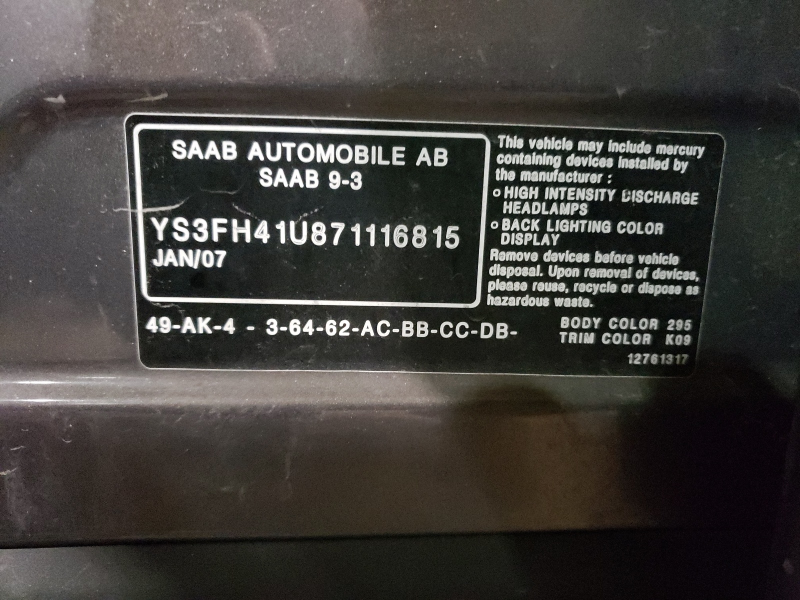 YS3FH41U871116815 2007 Saab 9-3 Aero