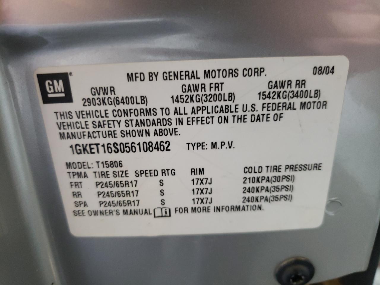 2005 GMC Envoy Xl VIN: 1GKET16S056108462 Lot: 65425594