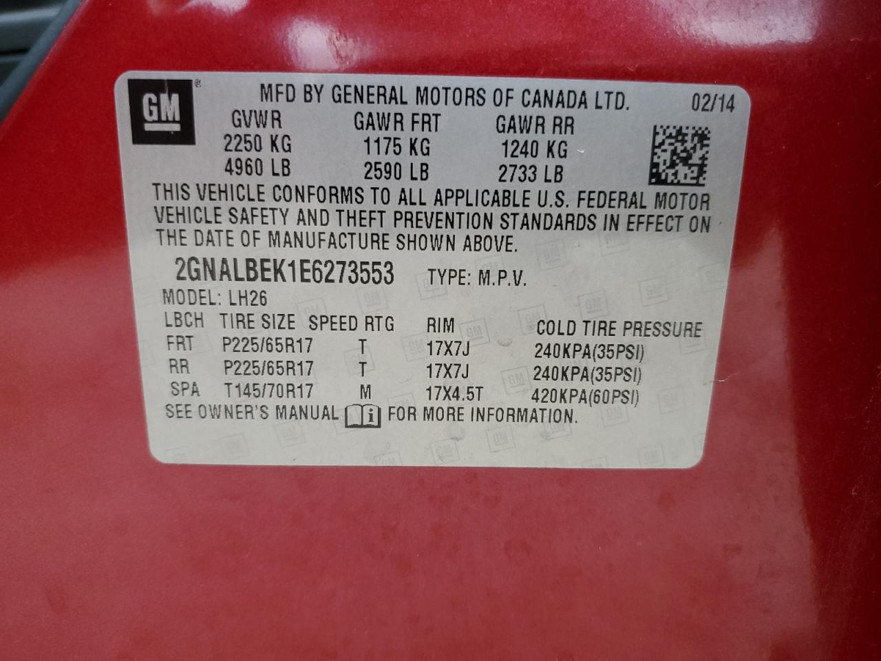 2014 Chevrolet Equinox Lt VIN: 2GNALBEK1E6273553 Lot: 62994644