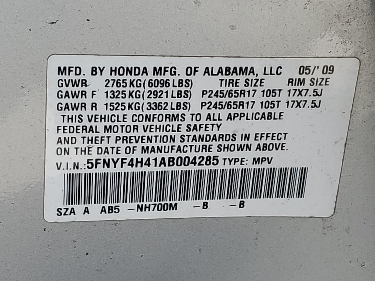 2010 Honda Pilot Ex VIN: 5FNYF4H41AB004285 Lot: 60927154